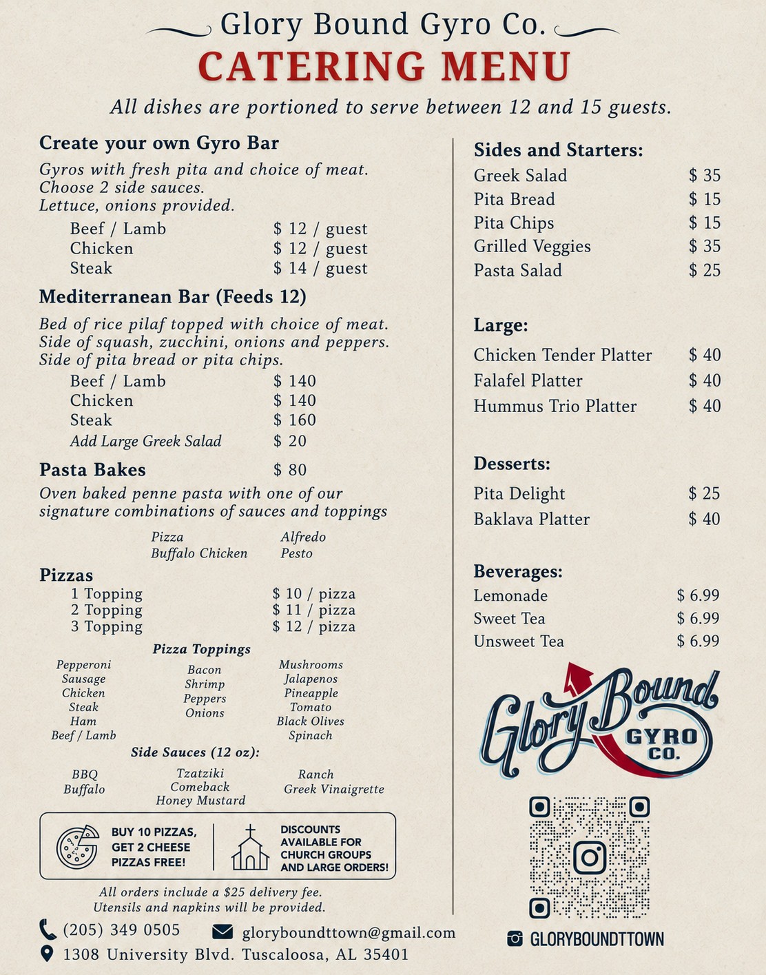 Glory Bound Gyro Co. catering menu